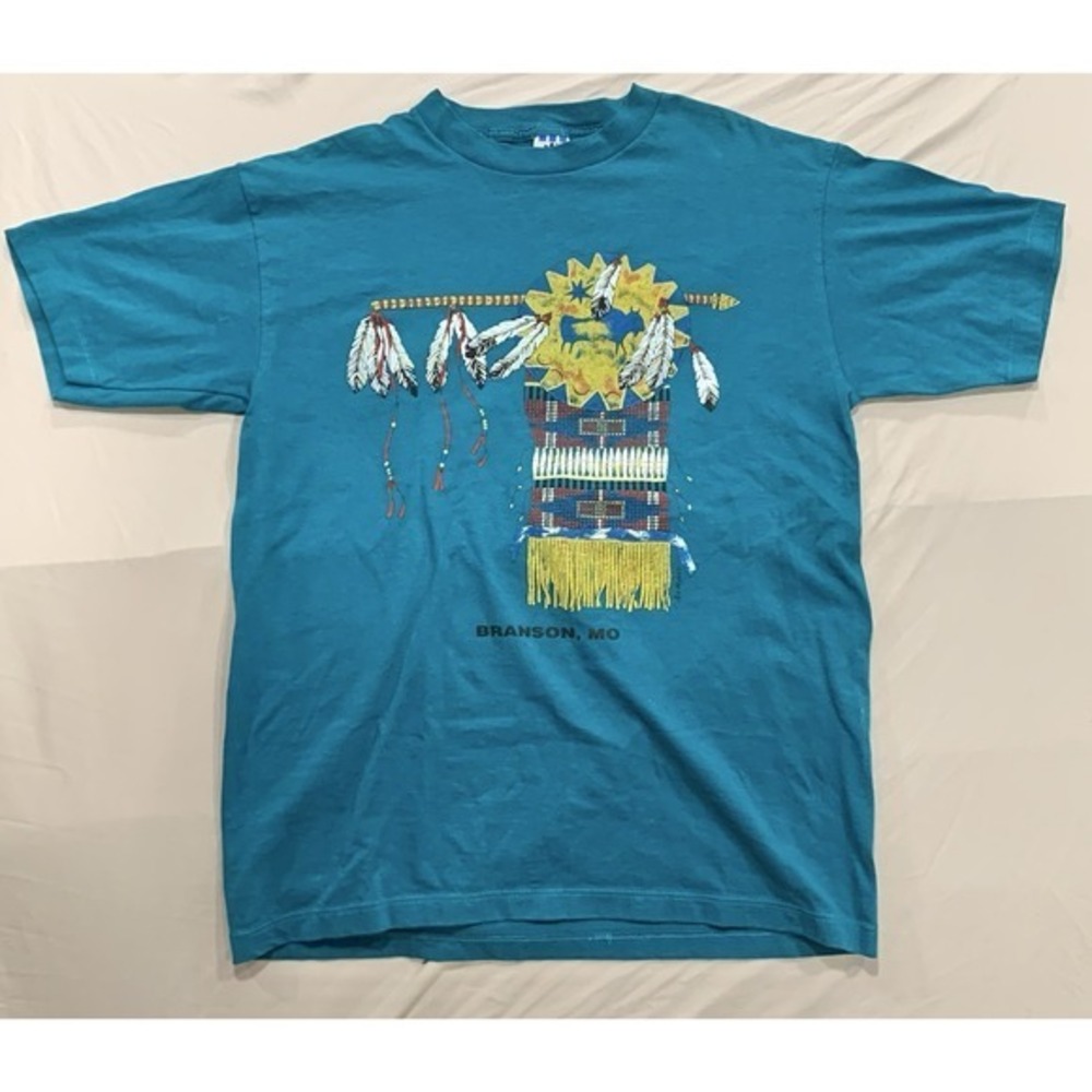 Vintage Adidas Native‎ Graphic Tee Branson MO Blue Feather Shirt M USA Made READ